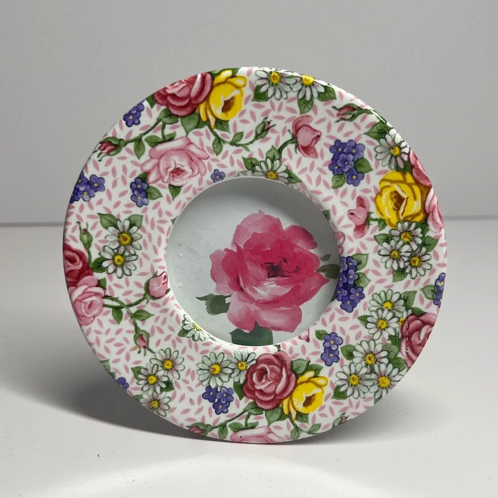 Carr Round Ceramic Floral Chintz Picture Frame Pink Yellow Purple 4 Inch